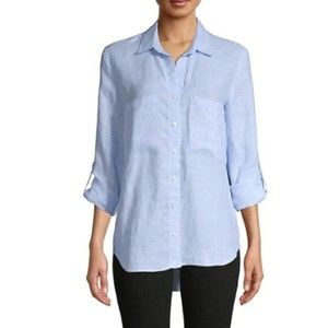 PURE NAVY 100% Linen 3/4 Roll Up Tab Button Hi-Low Shirt S